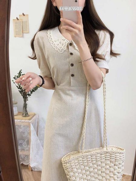 Vestido vestidos vintage vendas quente mulher verão fofo doce japão corea estilo peter pan colar algodão de botão vestido de camisa retro 6918