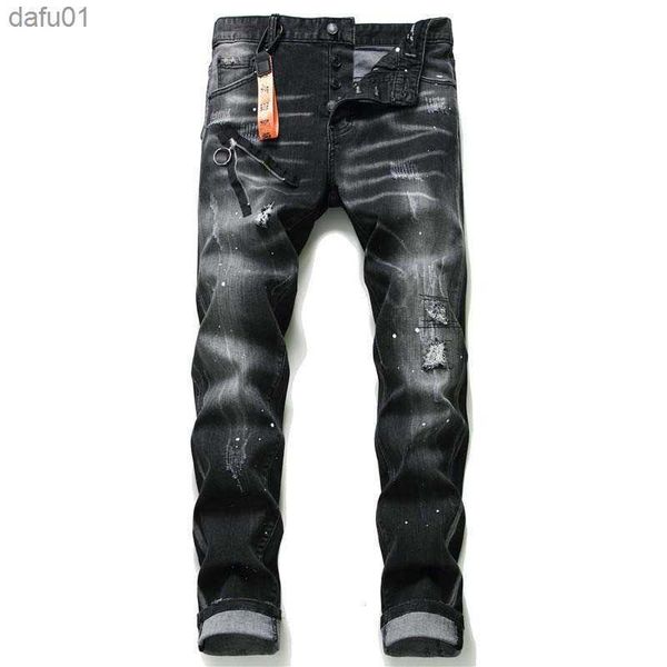 Jeans de jeans masculinos jeans Men Slim Fit Ripped Streetwear Stretch Skinny Black Pants Rotro Hole Biker Troushers Hip Hop Homens angustiados Clothing L230520