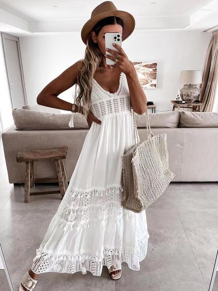 Casual Dresses Foridol Häkelspitze Weißes Sommerkleid für Frauen 2023 Quaste aushöhlen Maxi Long Beach Sommerkleid Boho Smocking Vestidos