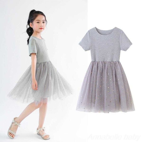 Kız Dresses Sequin Star Girl Grey Yaz Pamuk Kısa Kollu Parti Prom Orta Uzunluk Çok Katmanlı Mesh Fluffy Prenses Elbise G220523