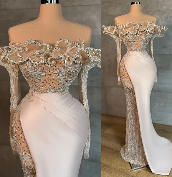 2023 Mai ASO EBI Perlen Kristalle Prom Kleid Meerjungfrau Satin luxuriöser Abend formelle Party Zweiter Empfangsgeburtstag Verlobungskleider Kleid Robe de Soiree ZJ320