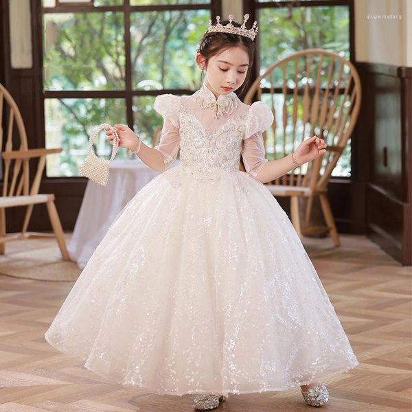 Abiti da ragazza Bambini Abito da principessa bianco Elegante colletto alla coreana Mezza manica Paillettes Tulle Matrimonio Fiore Ragazze Abito lungo da ballo per bambini