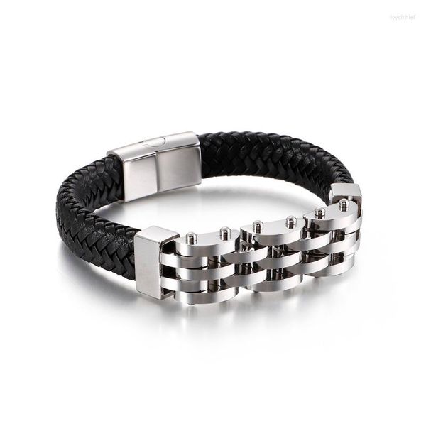 Braccialetti a maglie Fibbia magnetica in acciaio inossidabile Bracciale in pelle nera intrecciata Ruota dentata multistrato Uomo Gioielli punk 210 12mm