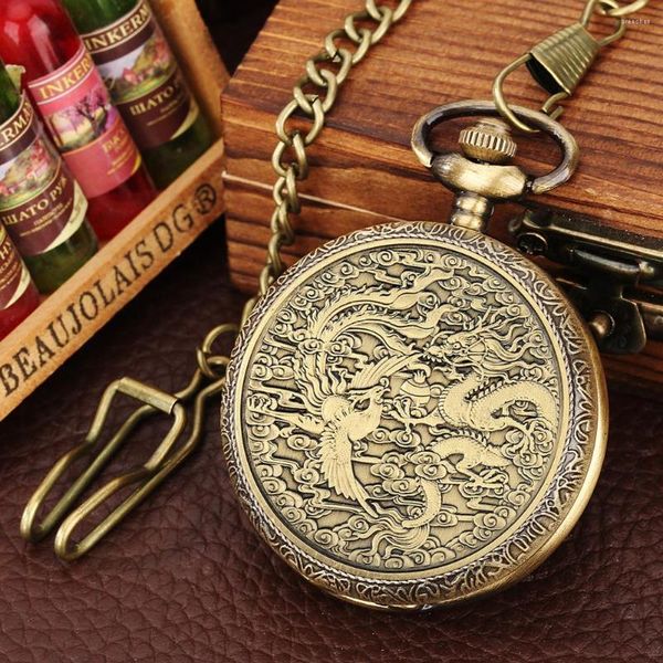 Карманные часы китайский древний дракон Феникс Lucky Coin Domemorative Display Bronze Quartz Analog Watch Men Women Wintage Clock подарки