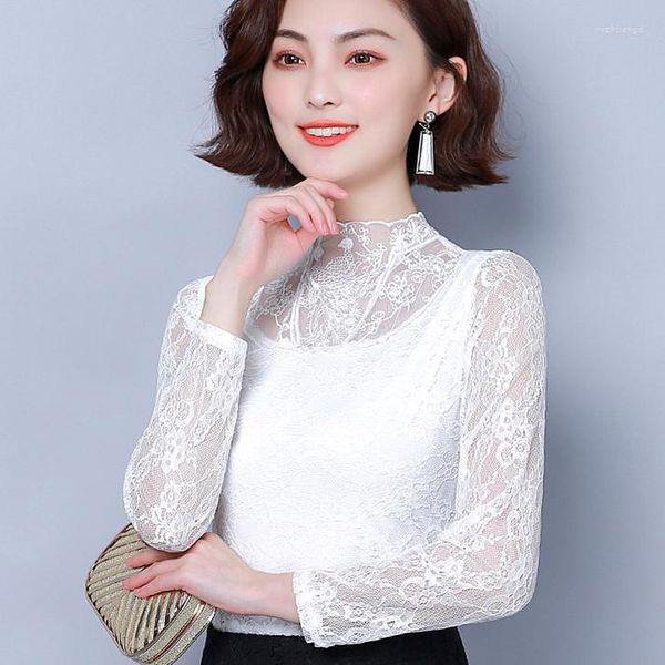 Kadın bluzları Kadınlar Dantel Uzun Kollu Bluz Kadın Siyah Beyaz Vintage Üstler Darbe Boyutları Kore Fasion Zarif Bodycon
