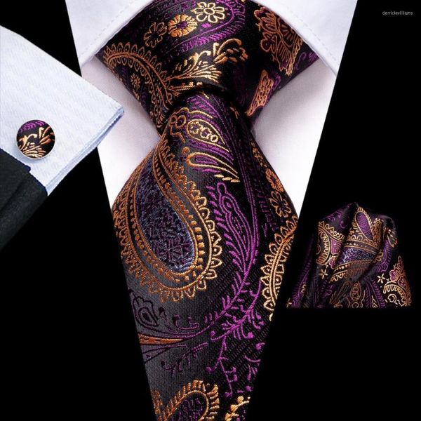 Papillon Hi-Tie Designer Purple Gold Paisley Cravatta da sposa in seta per uomo Handky Gemello Regalo Cravatta Fashion Business Party Dropshiping