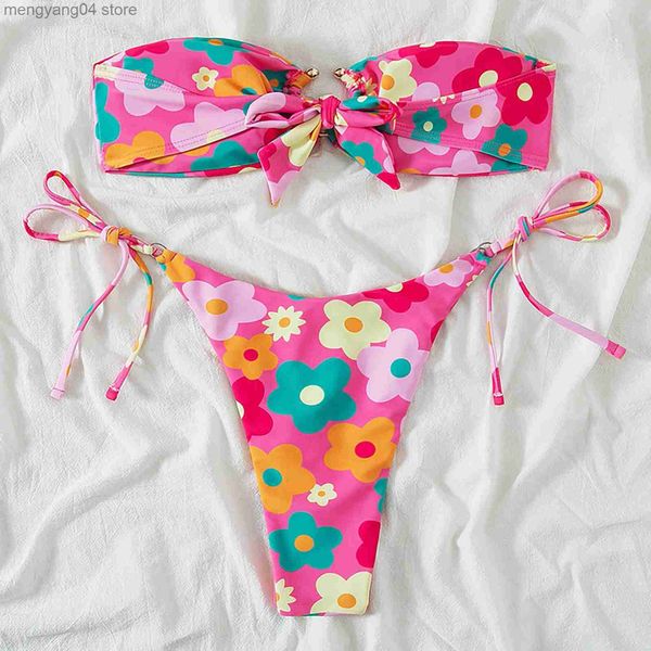 Menas de banho feminina Biquíni floral sexy feminino rosa alça de alça de baixa cintura