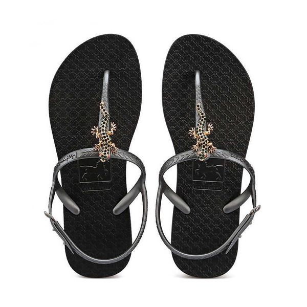 Сандалии Новый стразы Gecko Gecko без скольжения Sandals Women Fashion Trend в штуке пляжа Herringbone Flat Roman Flip Flops 230417