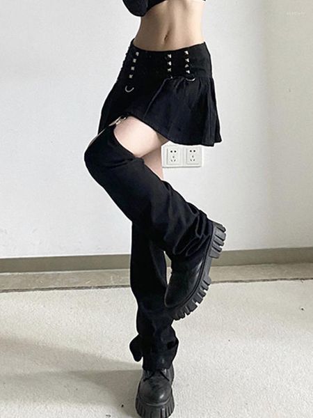 Saias Kalevest Y2K Mini -saia gótica com pernas de calça destacável Black Mall gótico Mulheres elogios de 2 peças