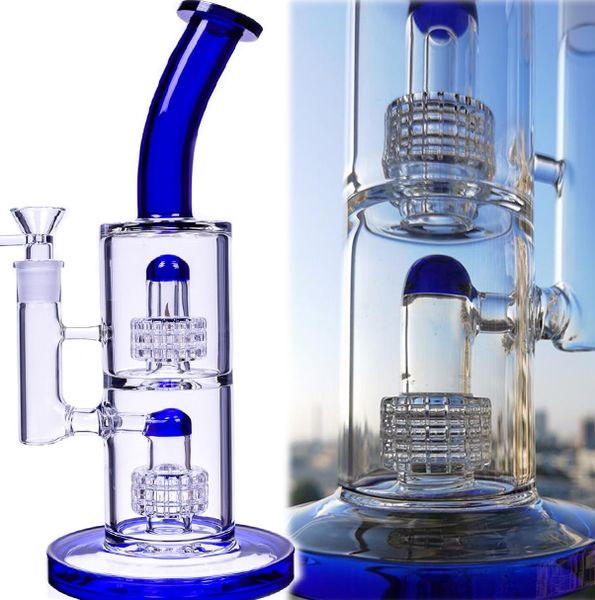 Двойной синий Matrix Perc Стеклянный бонг Кальяны Recycler dab Rigs Толстые стеклянные водяные бонги Курительные водопроводные трубы