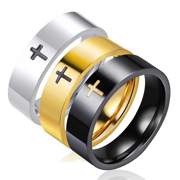 GZW Kreuzringe für Männer und Frauen, 18 Karat vergoldet, Herren-Titan-Edelstahl, Silber, Gold, Schwarz, Farbe, Vaterunser, Jesus, christlicher religiöser Fingerring, Großhandel