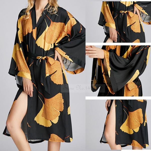 Damen-Nachtwäsche, weiblich, schwarz, lange Robe, Nachthemd, sexy Druck, Ginkgo-Blatt, Kimono, Bademantel, Kleid, Frühling, Sommer, lockeres Satin-Heimkleid