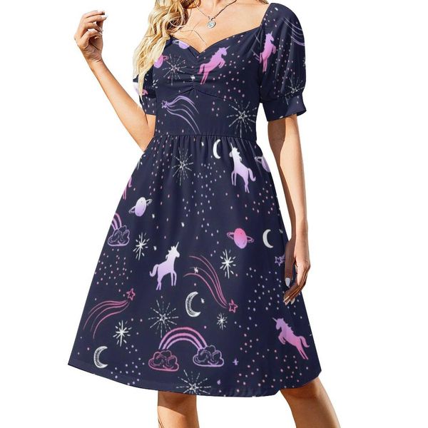 Kleider Einhörner im Weltraumkleid Cartoon Ombre Einhorn Pretty Kleider Street Fashion Casual Kleid Sommer gegen Nackenmuster Übergroße Vestido