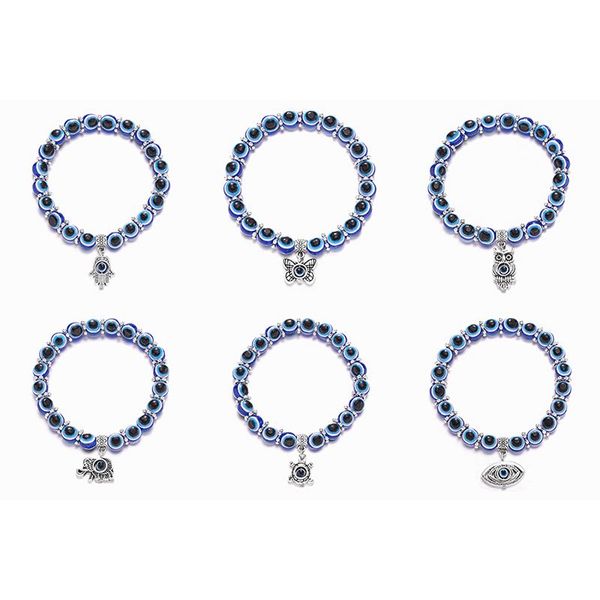 Fatto a mano Casual 10MM Blue Evil Eye Bracciale Mano di Fatima Turchia Mille occhi Desideri Donne Resine Bead Bangle Braccialetti elastici Gioielli