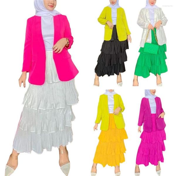 Roupas étnicas moda de babados em camadas mulheres muçulmanas maxi saia alta cintura elástica saias dubai fundo islâmico vestido islâmico cor sólida cor