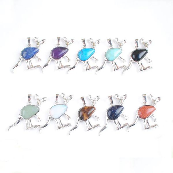 Colares pendentes Yowost Novo animal fofo Animal Kangaroo Drop Stone natural Pink quartzo Cristal Blue Sand Opal Jóias de moda para Wo Dheck