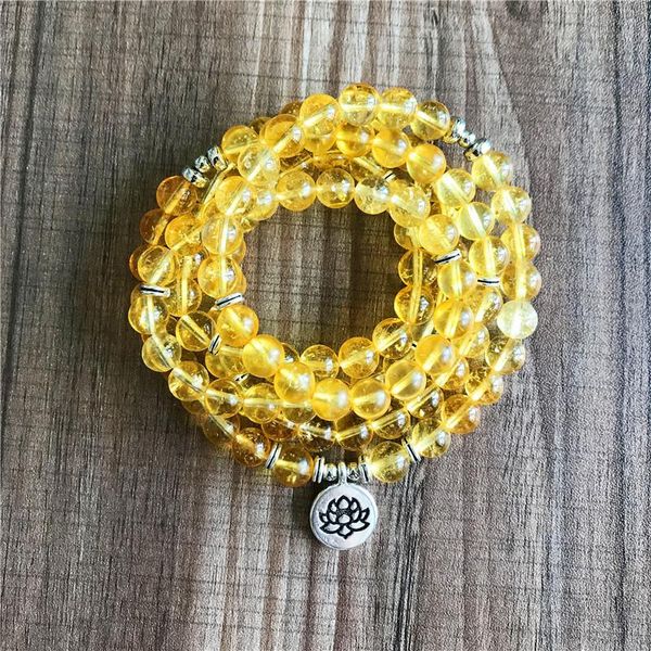 Bangle 108 Mala Beads Pulseira Natural Amarelo Quartzo Pulseira Flor de Lótus Yoga Jóias Pulso 5 Voltas Cura Pulseiras Meditação Mala