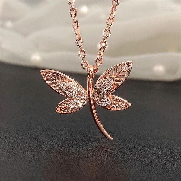 Colares pendentes Huitan Luxury Rose Gold Color Dragonfly Colar para mulheres Romântico Jóias de CZ