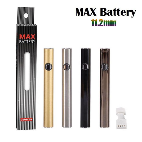 Original Max-Batterie, 11,2 mm Durchmesser, Kartuschenbatterien, USB-Passthrough, 380 mAh, Vorheizspannung, VV-Vape-Stift, passend für 510 Karren, Großhandel, günstiger Preis, Vape-Batterie