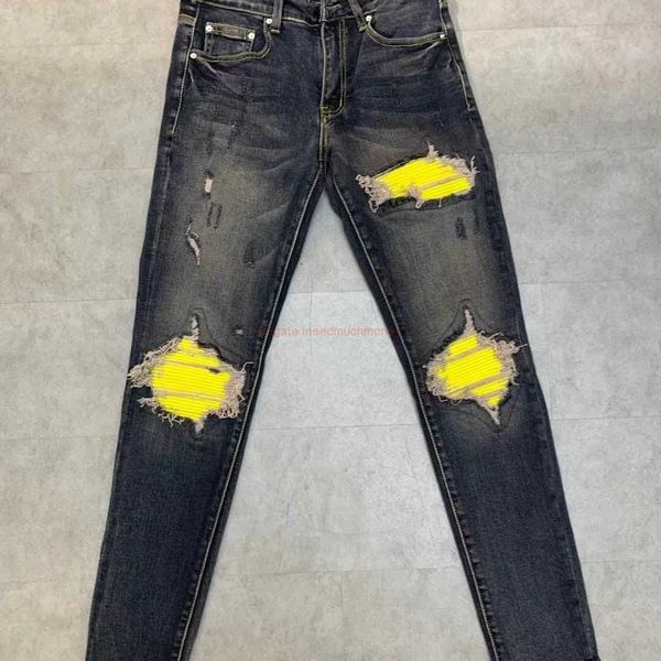 Designer Clothing Amires Jeans Denim Pants Amies Trendy Brand Washed Hole Made Old Patch Mx1 Elastic Slim Fit Jeans Mens American High Street Ins Feet Distressed Ripp