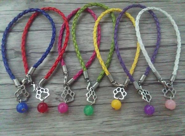 Pulseiras atacado moda (20 peças + presente) contas de vidro charme gato cão pata imprime pingente multicolor trançado corda pulseira para mulheres jóias