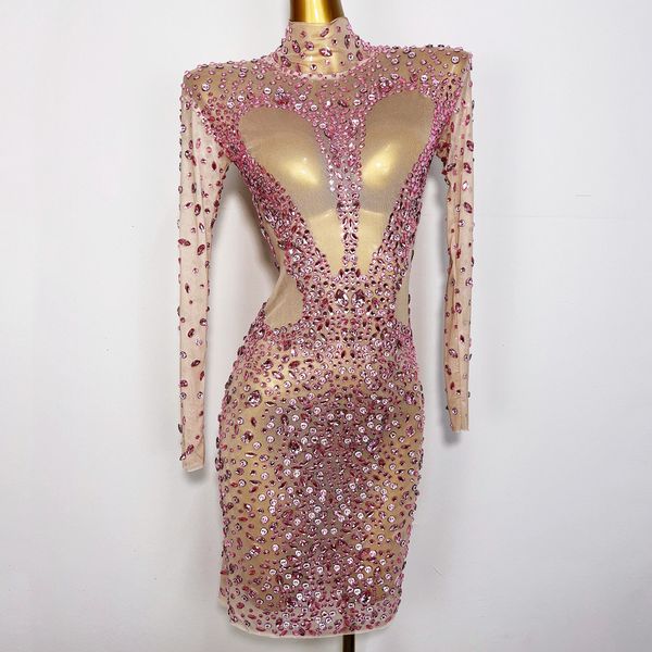 Sexy Fashion Birthday Prom Celebrity Party Dresses Pink Red Green Strass Mesh Skinny Long Sleeve Dress Evening Celebrate Show See Through Stage Costume