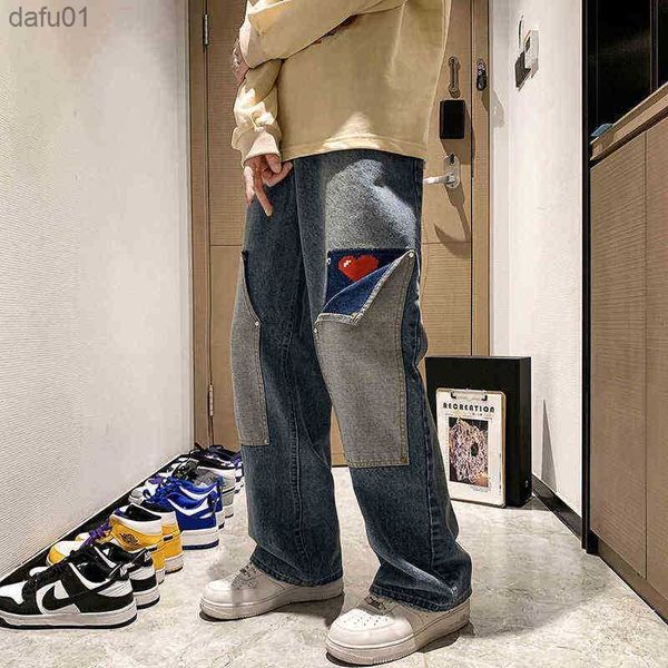 Jeans da uomo Jeans larghi Y2K Pantaloni cargo larghi impilati da uomo Streetwear Patch con stampa a cuore Pantaloni in denim a gamba dritta Donna Oversize Casual 3xl T220803 L230520