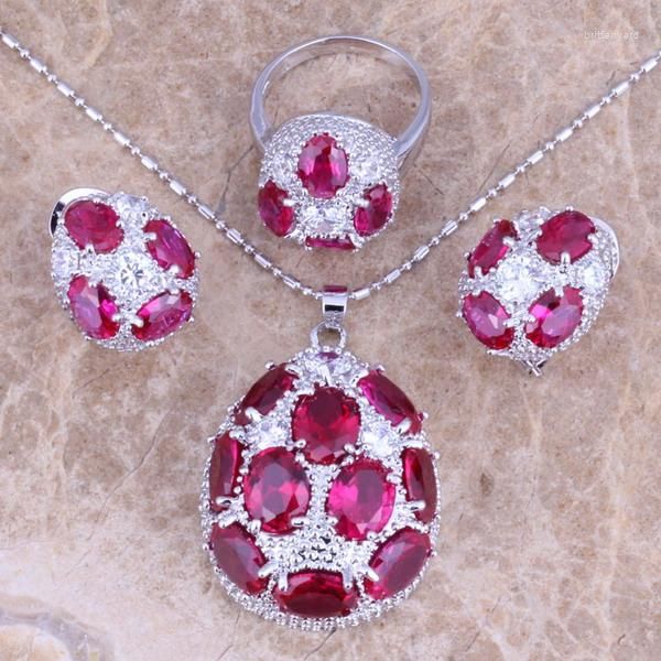 Collana Orecchini Set Eccellente Rosso Cubic Zirconia Anello pendente placcato argento Misura 5/6 7 8 9 10 S0241