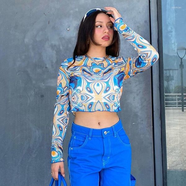Kadın Tişörtleri Y2K Fırfır Fil Seferi Üstü Üst Uzun Kollu Soyut Baskılı Mavi Grafik Sokak Giysesi Kadın Giysileri