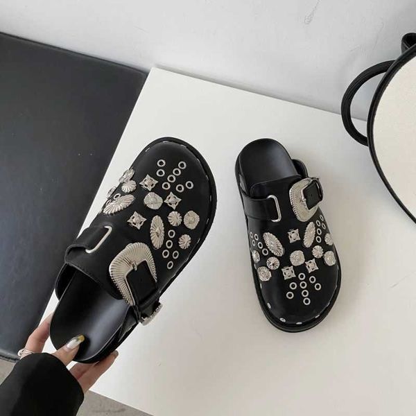 Kadın terlik retro kemer tokası kalın kesimli kadın ayakkabıları el yapımı büyük kafa bebek pu deri püskül mori literary flats casual 230511