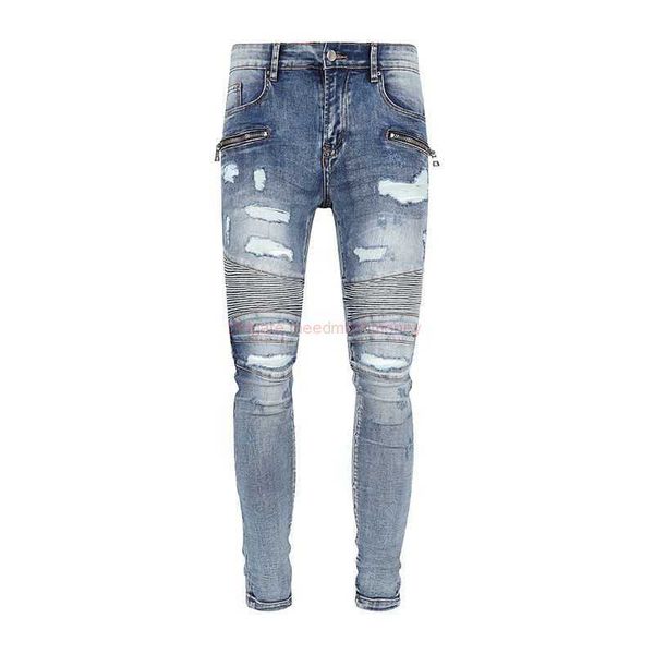 Roupas de grife Amires Jeans Calça Jeans Amies Jeans Marca Moda Masculina Azul Claro Bull MX2 Lavado Usado Motocicleta Emenda Buraco Slim Fit High Street Calça Distresse