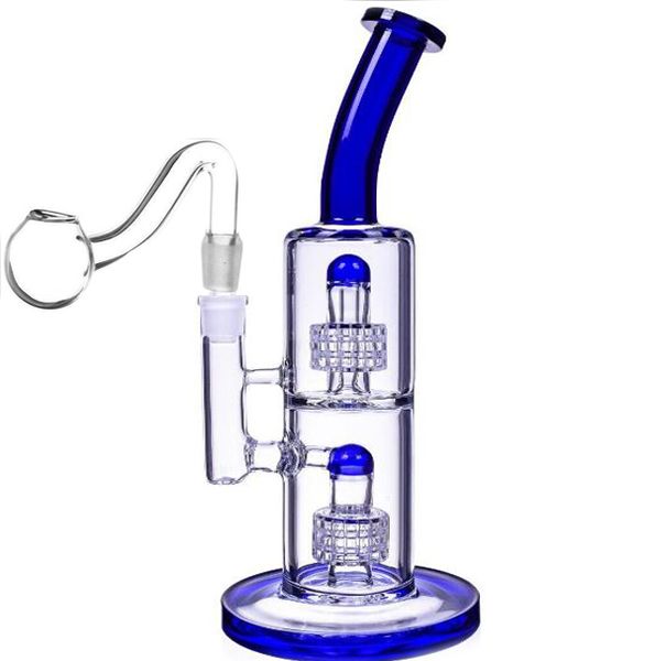 Mavi Çift Matris Perc Heady Cam Yağ Teçhizatları Nargile Shisha Sigara Suyu Bongs Recycler Bong ile 14mm Banger