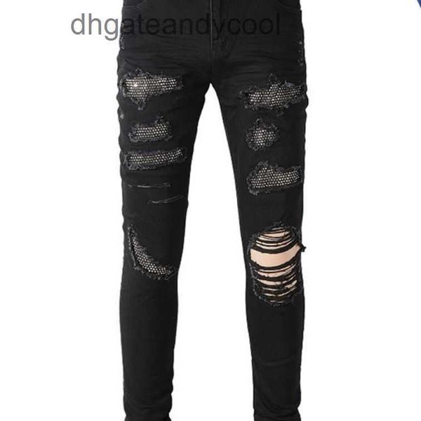 Denim Amirres Jeans Designer Hosen Mann 23 trendige schwarze Loch Hot Drill Patch gewaschene Jeans Herren elastische schlanke Bleistifthose AMR D9Q8