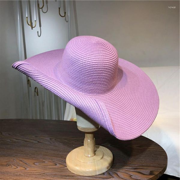 Berretti Cappello di paglia all'ingrosso 25 cm Viola chiaro Sole al dettaglio Ultra-sottile Traspirante Viaggio estivo Uomo e donna