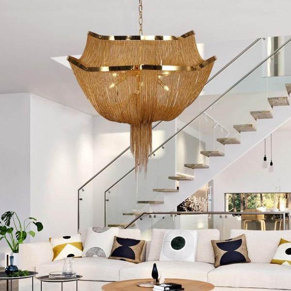 Kolye lambaları Modern Basit Salon Yemek Villa Projesi Chandelier Luxury Art El Yaratıcı İki Katmanlı Dalga Alüminyum Zincir Chan