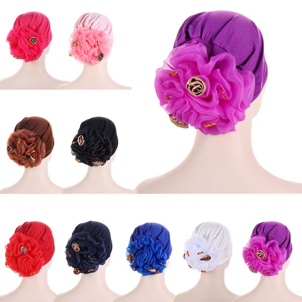 Diamanti Rosa Fiore Turbante Donne Hijab Musulmano Cappello Interno Berretti Cofano Foulard Chemio Cap Cancro Foulard Perdita di Capelli Copricapo