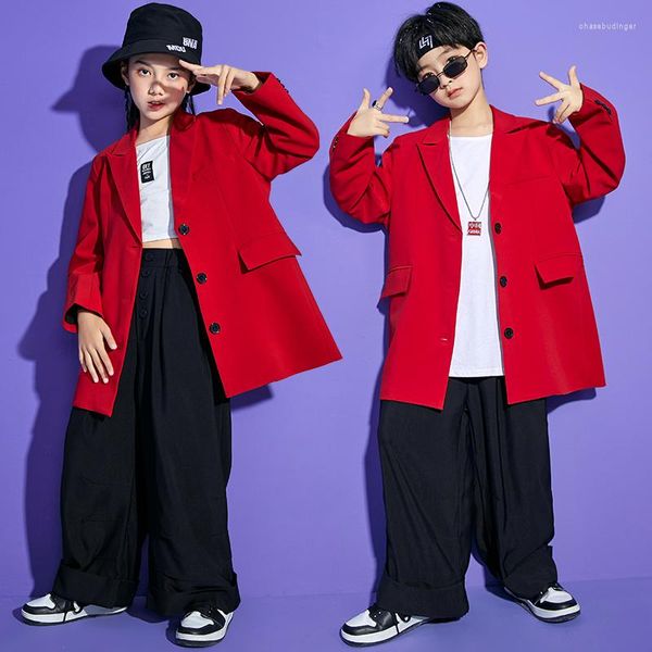 Stage Wear Kids Show Roupas Roupas de hip hop Vermelho Blazer solto Blazer branco calça de camiseta para meninos Costume de dança de performance de meninos