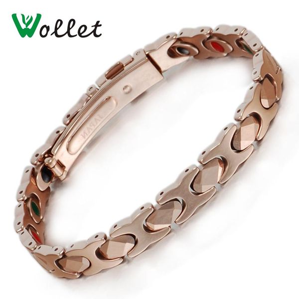 Pulseiras Wollet Jóias 19.5cm Pulseira Magnética de Tungstênio para Mulheres ou Homens Rosa Cor de Ouro Germânio Infravermelho Relógio de Íon Negativo