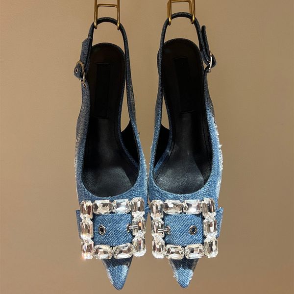 Летние сексуальные женские сандалии женские синие джинсовые туфли из натуральной кожи со стразами и ремешками на высоких каблуках Sliingback Sandalias сандалии обувь для вечеринок дизайнеры свадебная обувь