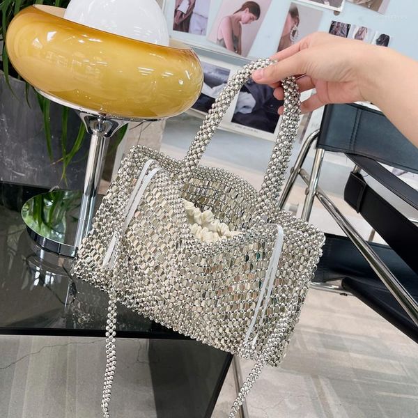 Abendtaschen Vintage Metall Bling glänzende Tasche handgewebte Perlen Perle Schulter Handtasche Silber Quasten Tote hochwertige Marke Bolsos Ketten