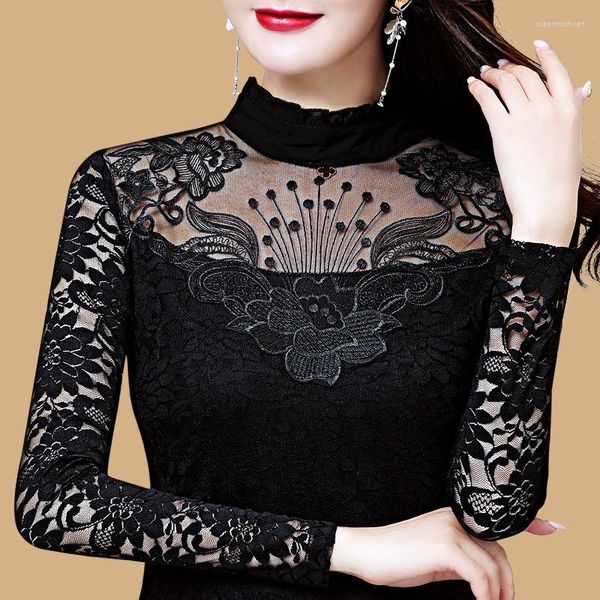 Женские блузки 2023 весна и осень тонкая черная черная сексуальная мода с длинными рубашкой