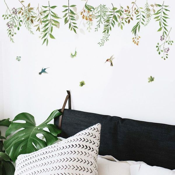 Adesivos de parede folhas verdes adesivo de flor casa decoração de quarto plantas de sala de estar pássaros decalques murais de porta papel de parede