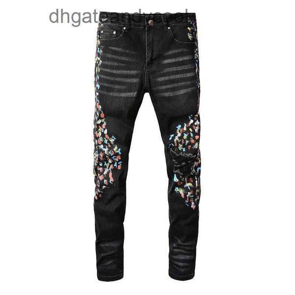 Denim Amiryes Jeans Designer Calças Homem FOG Chaopai high street velho preto lavado buraco contraste pintura ponto fino elástico perna jeans homem ZPJJ