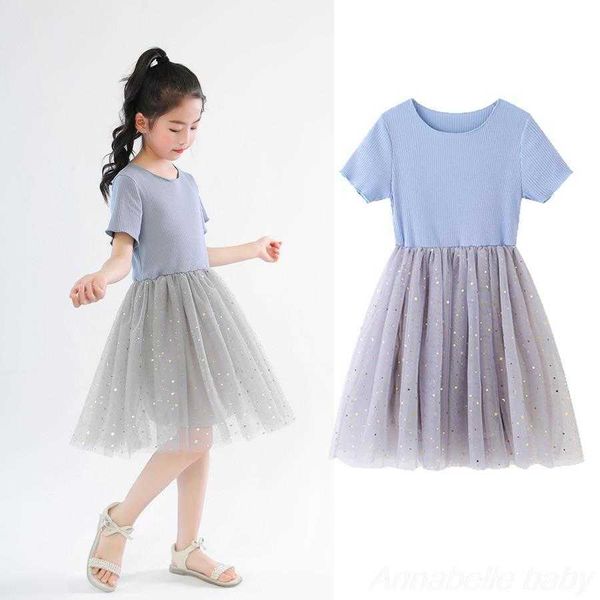 Abiti da ragazza Patchwork in tulle di puro cotone per bambine estive a maniche corte partito blu paillettes oro stella bambina vestito da principessa G220523