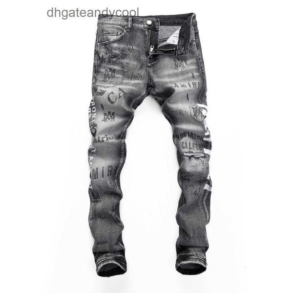 Denim Amirres Jeans Designer Hosen Mann Amr Trend neue hellgraue Jeans waschen heißes Stempeln Graffiti machen alte schlanke kleine Hosen mit geradem Bein Jugendtrend S223