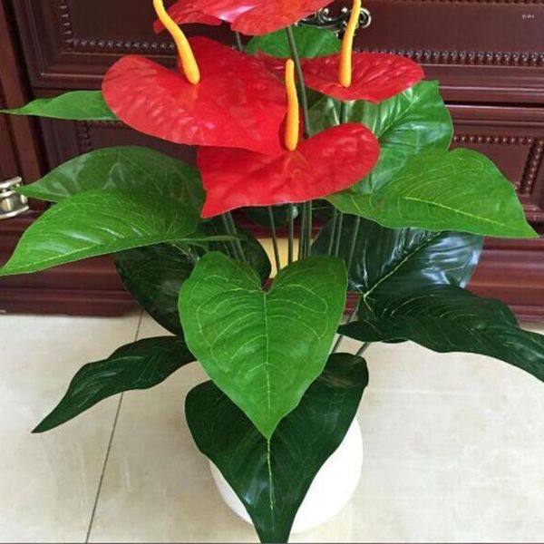 Fiori decorativi 5 teste 13 foglie Fiore artificiale Piccola pianta in vaso Abito di seta Grande Anthurium Decorazione per ufficio Bonsai all'ingrosso