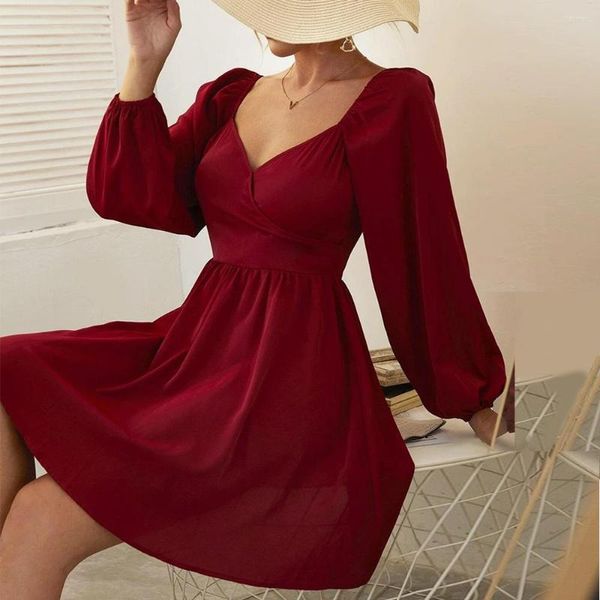 Vestidos casuais Red Fashion V Neck Ruffles Pleated Women Long Buff Sleeves Chic Autumn Summer Dress Party Festa elegante de Corset vintage