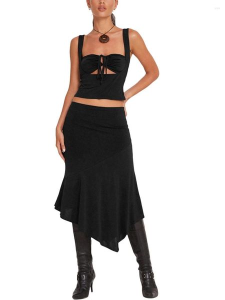 Женские поло, летние комплекты одежды из 2 предметов, узкие топы без рукавов с завязками, черная длинная юбка с неровным подолом
