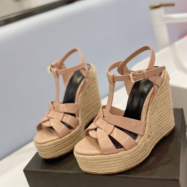 Tribute Woven Espadrille-Sandalen mit Keilabsatz, Plateau-Pumps, Absätze, Damen, rote Luxusdesigner, Lackleder-Laufsohle, Abend-Rosa-Unterteile, Freizeitschuhe mit Box