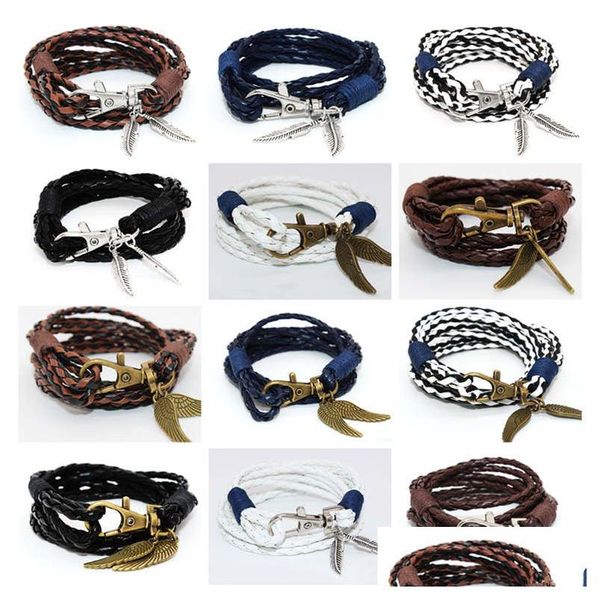 Bracelets de charme Novo bracelete de pendente de penas de fecho com mtilayer corda de couro GSFB120 Ordem de 20 peças MUITO DROP D DHKN4